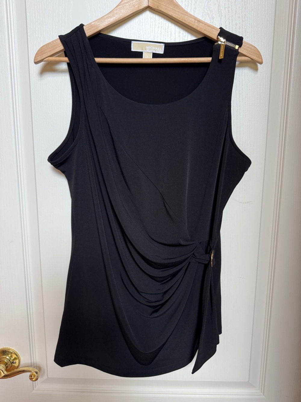 Michael Kors Black Sleeveless Draped Tank with Gold Zip Detail